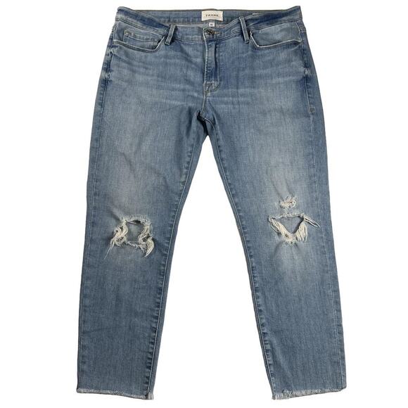 FRAME Denim Le Garçon Crop Jeans Light Wash Distressed Knees Raw Hem Size 30 - Picture 1 of 9